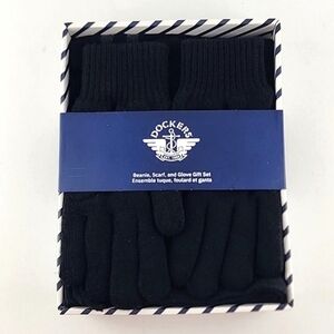 NWT Dockers Men's Black Knit 3 Piece Box Gift Set Hat Gloves Scarf